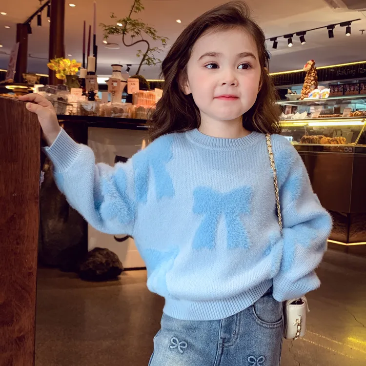 女童毛衣2025秋冬新款中大童百搭不起球套头针织衫蝴蝶结加厚上衣