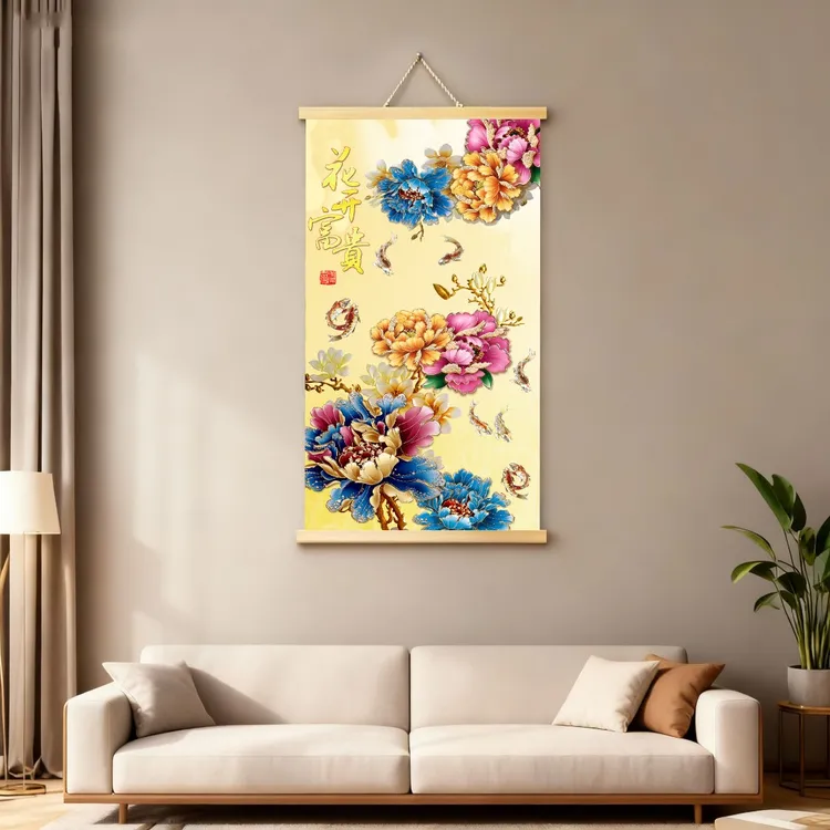 2026新款花开富贵牡丹图客厅玄关装饰画现代简约风格卷轴挂画