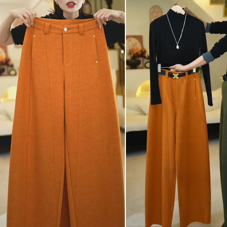 羊毛裤子女2025新款冬加厚弯刀裤秋冬季休闲裤高腰显瘦休闲阔腿裤