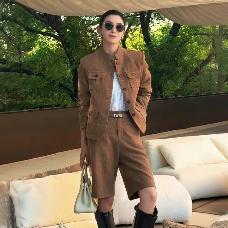 美式复古风套装2025秋季新款休闲简约百搭款长袖外套五分裤两件套