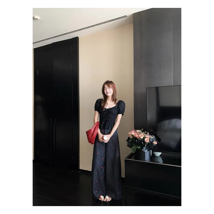 甜酷风穿搭套装夏季新款设计感方领短袖上衣高腰垂感直筒裤阔腿裤