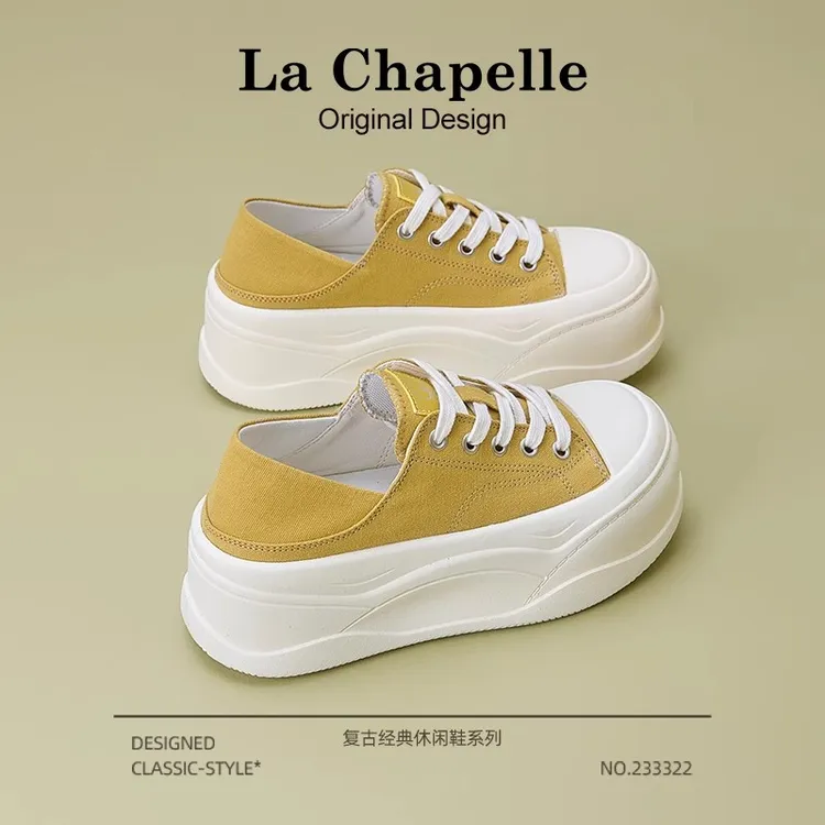 拉夏贝尔帆布鞋女2025新款冬季透气薄款踩跟两穿半拖鞋厚底小白鞋