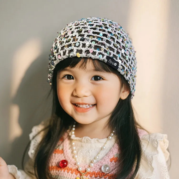 儿童帽子春秋款手工编织女童渔网帽宝宝毛线帽镂空套头针织帽男童