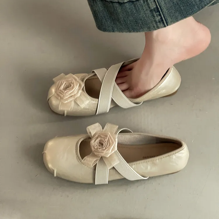 法式优雅甜美复古山茶花玛丽珍鞋女2025夏季新款百搭配裙子平底鞋