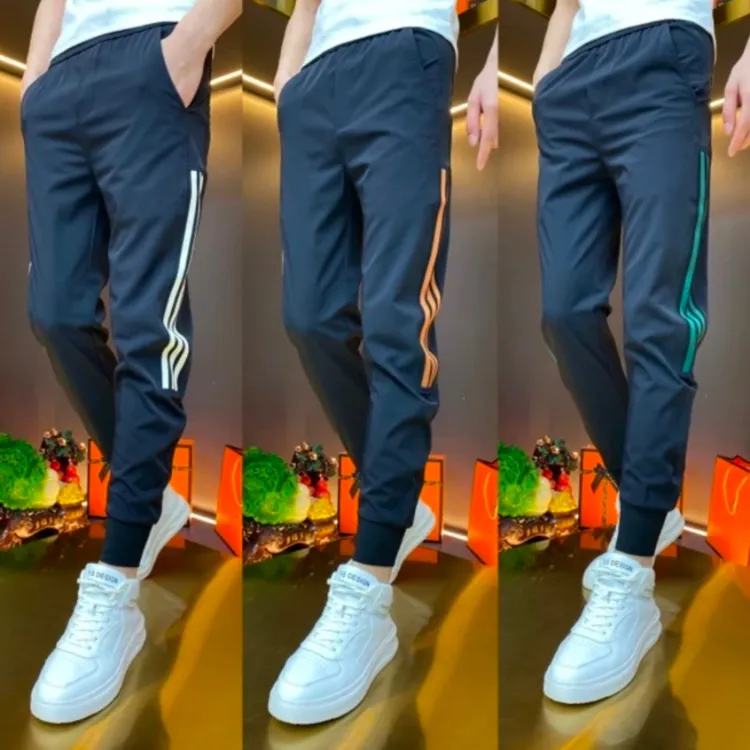 夏季新款男条纹小脚休闲裤束脚修身九分裤弹力哈伦裤