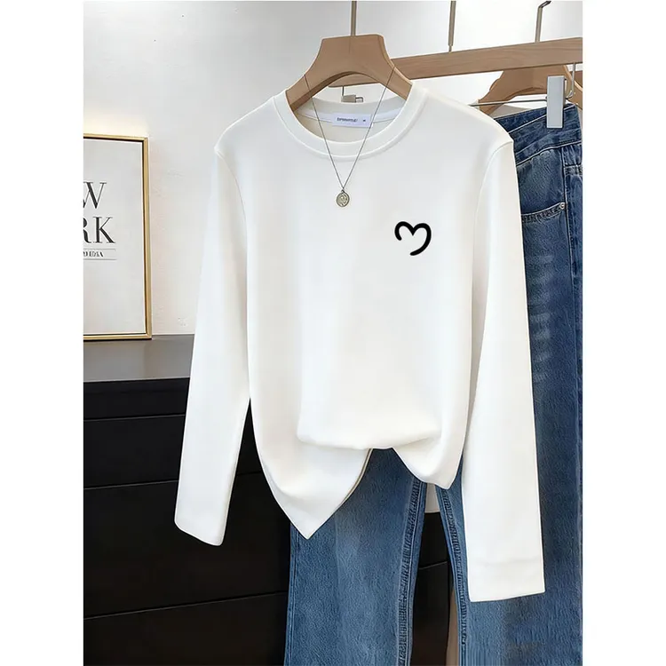 正肩磨毛长袖t恤女潮2025春秋季时尚百搭洋气圆领加厚上衣打底衫