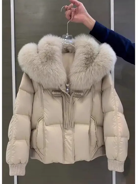米白色毛边连帽拉链棉服外套女冬季小众设计感加厚保暖面包服上衣
