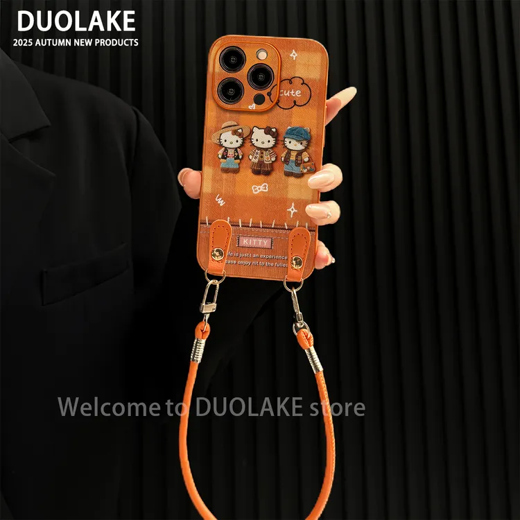 可爱kt猫适用苹果vivo华为oppo小米iPhone17金属漆橙十字纹手机壳