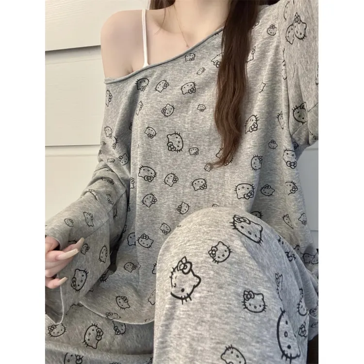 韩系慵懒风复古碎花休闲睡衣女春秋款简约长袖长裤家居服大码套装
