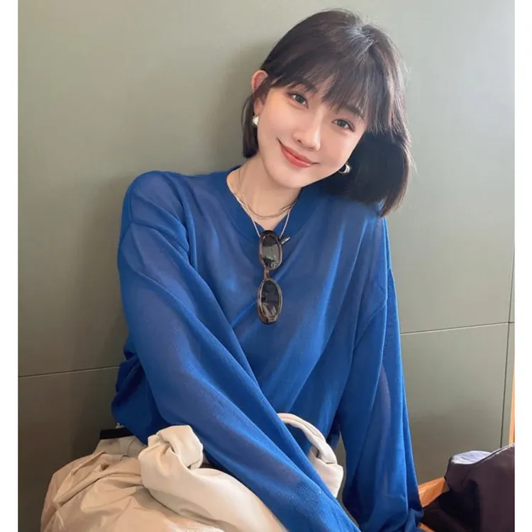 蓝色圆领长袖t恤女洋气内搭打底衫秋季新款韩版宽松休闲百搭上衣