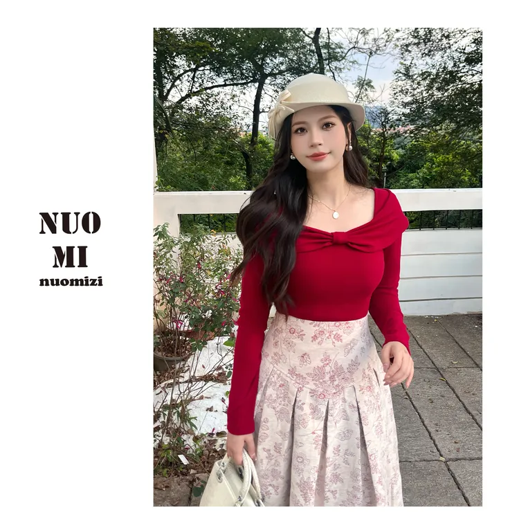 ZOZ糯米子[芭蕾小姐t]绒感针织T恤本命年红色上衣秋冬蝴蝶结上衣