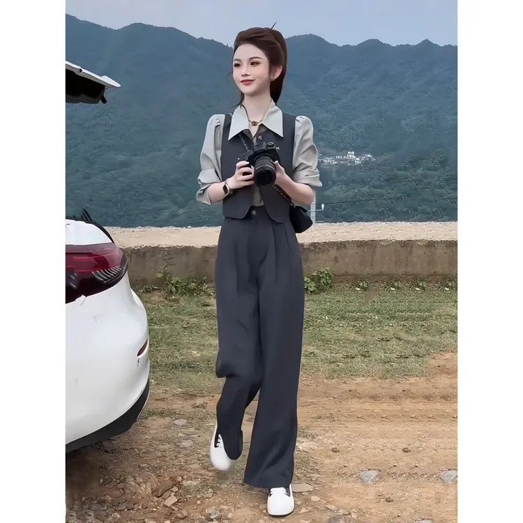连衣裙小子减龄气质套装女春季新款长袖衬衫马甲长裤显瘦三件套