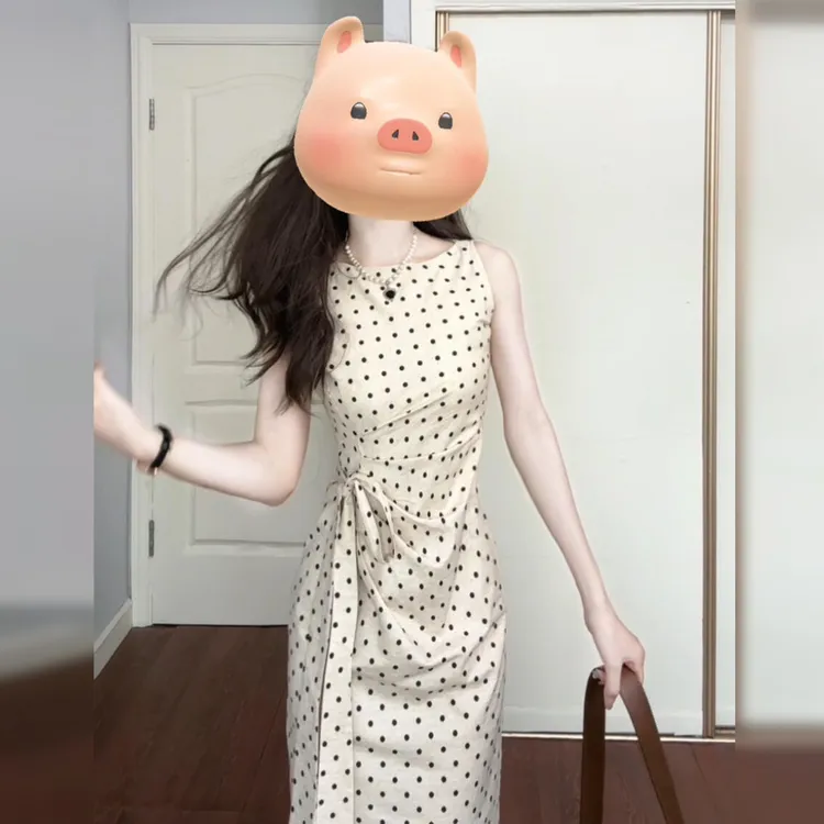 法式气质白色波点连衣裙子女夏季2025新款高级感绑带收腰长裙5633