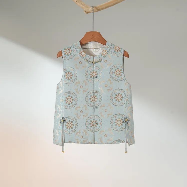 西子/【宝花奔鹿】钱小萍名家非遗宋锦桑蚕丝蓝色马甲/MJHJ100