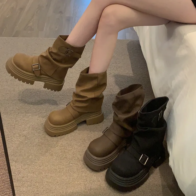 贾不假靴子女短靴2025新款夏季潮流复古帅气小个子增高厚底裤管靴