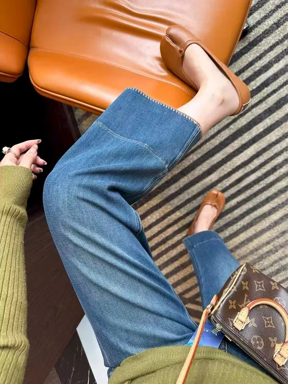 早秋主推~花边直筒九分牛仔裤女2025新款高腰弹力小个子烟管裤