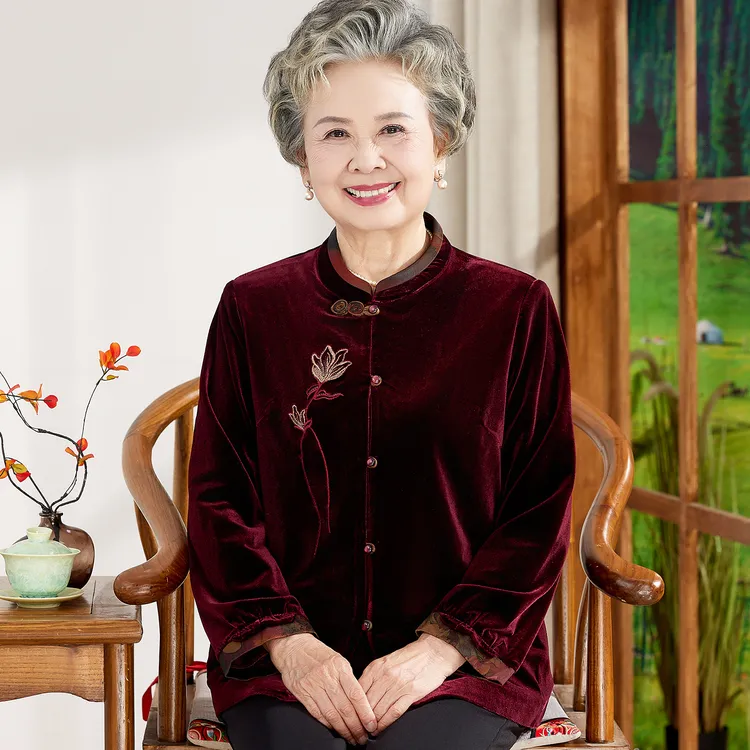 老年人秋装女金丝绒唐装上衣奶奶春秋天阔太太宽松国风薄外套妈妈