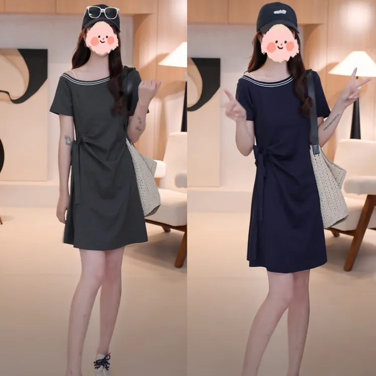 夏季新款韩系出游穿搭设计感显瘦气质条纹斜领露肩绑带收腰连衣裙