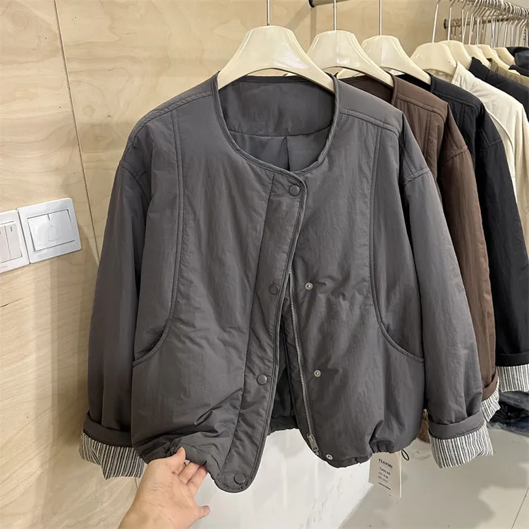 慵懒风短外套女纹拼接上衣2025秋冬新款圆领二棉夹克棉服外套潮