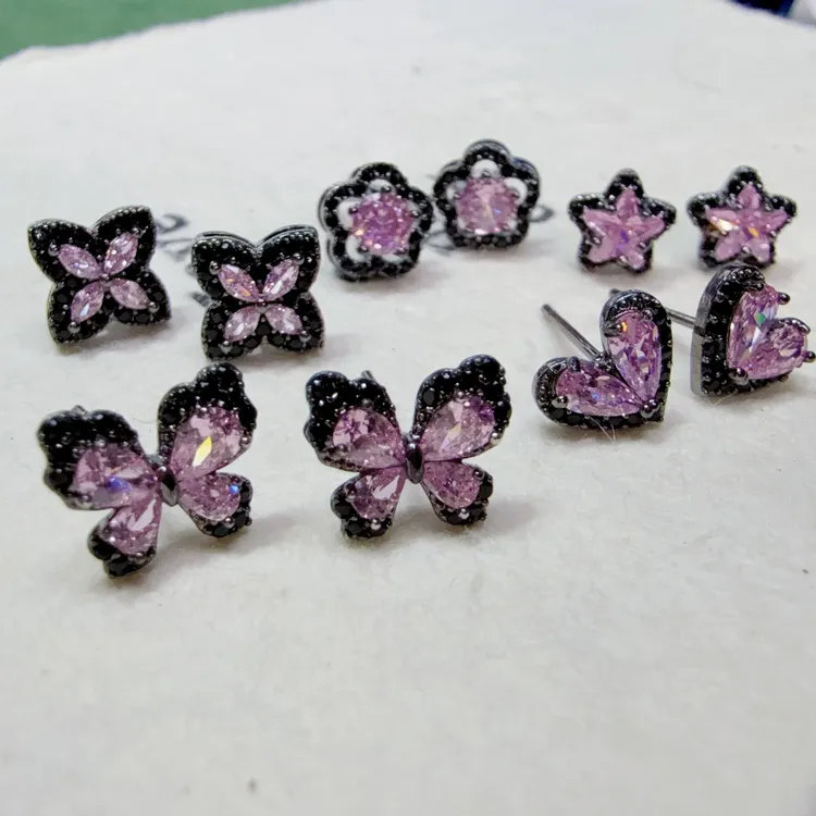 铜合金锆石耳饰 甜酷风黑粉系列小耳钉精致百搭时尚简约彩色小众