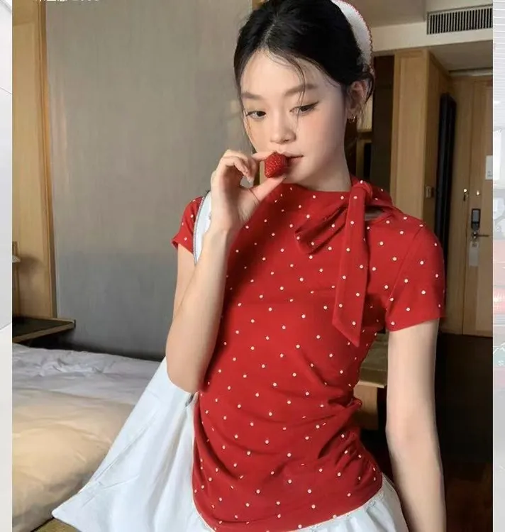 红色波点短袖t恤女夏季正肩修身显瘦蝴蝶结绑带辣妹小上衣ST970