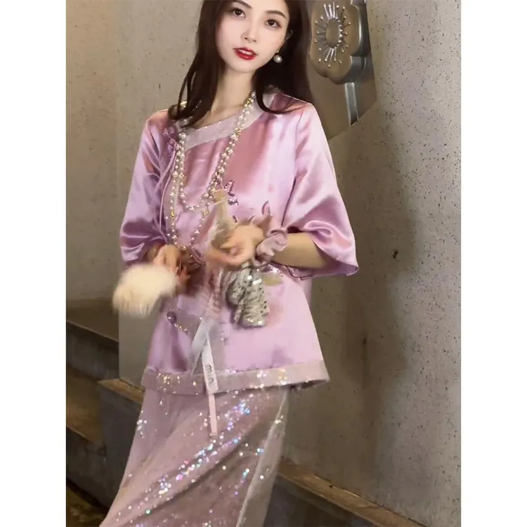 独特新中式国风年轻款盘扣改良唐装2025新款夏季上衣半裙两件套装