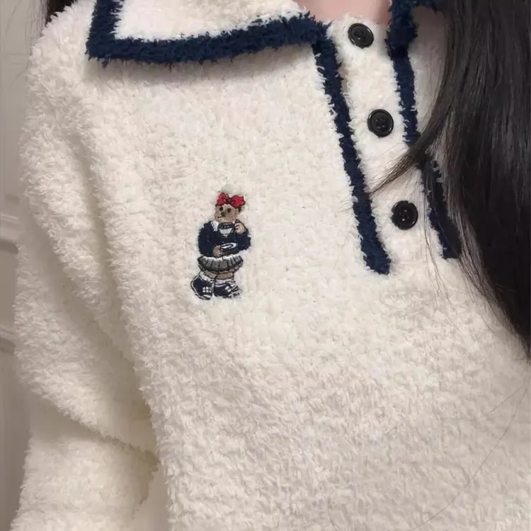 可爱小熊秋冬软绵绵简约条纹半边绒睡衣加厚保暖休闲可外穿家居服