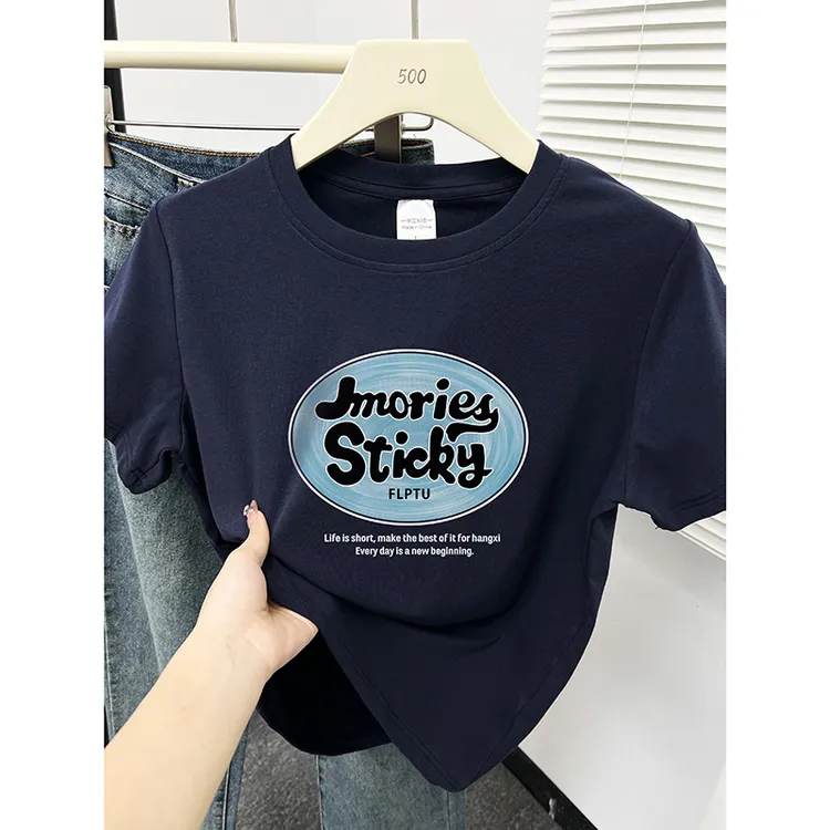 藏蓝色正肩短袖t恤女春夏季2025新款韩版百搭休闲字母印花上衣潮