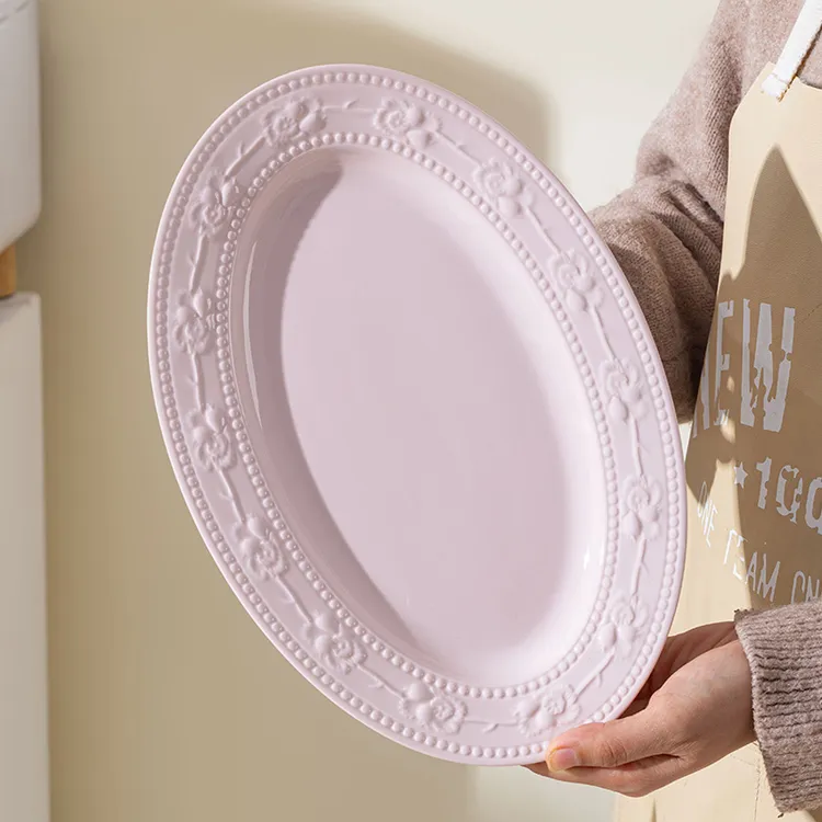 【奶油甜心】草莓浮雕12英寸鱼盘2只少女陶瓷盘粉色釉下彩送礼