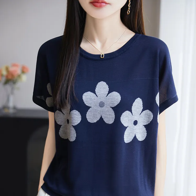 夏季薄款时尚提花短袖针织T恤女休闲宽松上衣