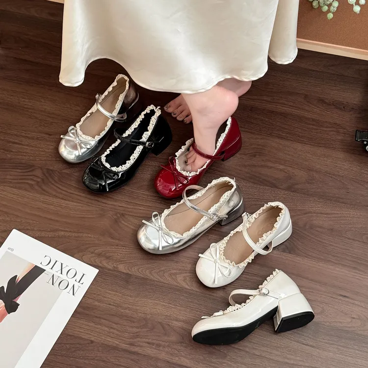OJRZ法式蝴蝶结芭蕾高跟鞋一字带新款夏季蕾丝玛丽珍单鞋增高女鞋