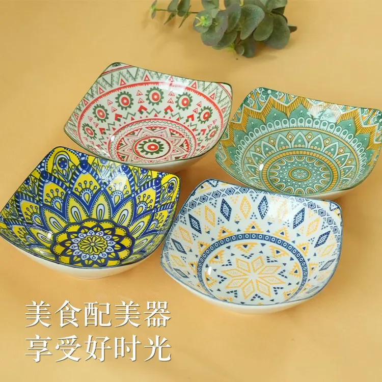 釉下彩波西米亚风家用陶瓷翘脚碗大容量深碗耐高温高颜值餐具