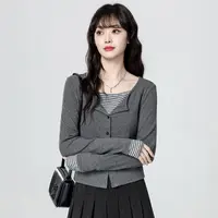 灰色假两件针织开衫女春秋2025秋季新款撞色条纹拼接长袖短款上衣