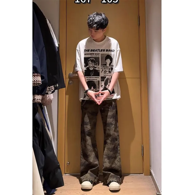 美式复古迷彩裤男秋冬加绒hipho牛仔裤男直筒宽松微喇阔腿长裤子