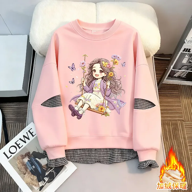 女童2026新款假两件拼接秋冬季保暖加绒洋气时尚中大童百搭卫衣