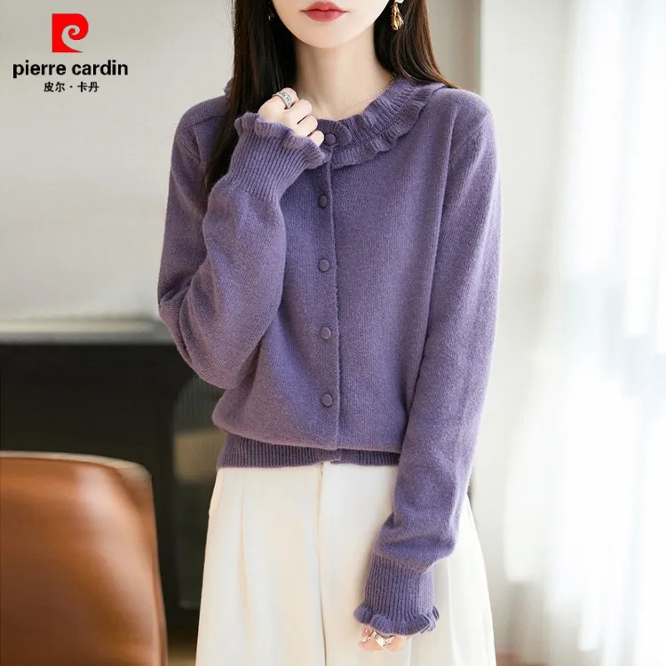 皮尔卡丹法式精致木耳边针织开衫女2025新款高级感加厚保暖打底衫