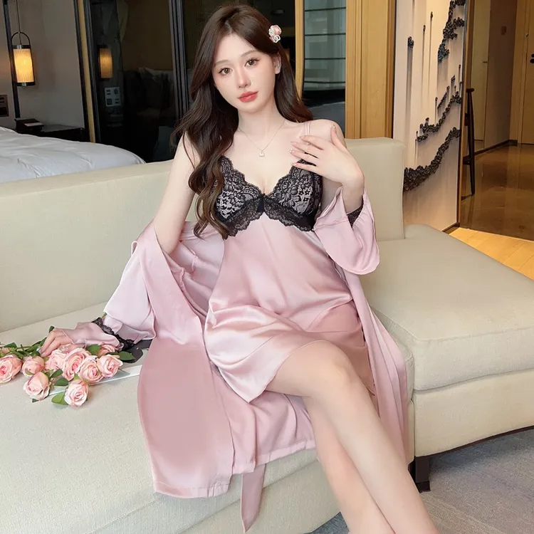 2024年性感吊带睡裙睡袍两件套睡衣薄款美背带胸垫家居服