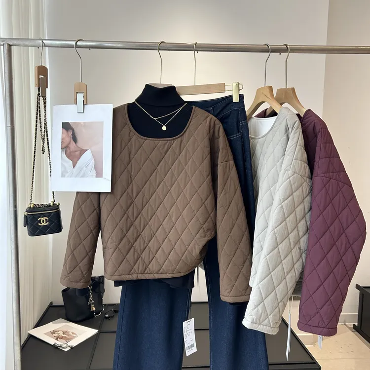 圆领菱格磨毛套头夹棉加厚女设计感纯色小众上衣秋冬新款