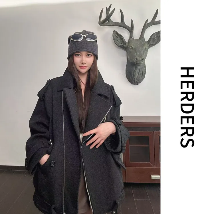 HERDERS 短款西装领拉链款粗纺外套 50481