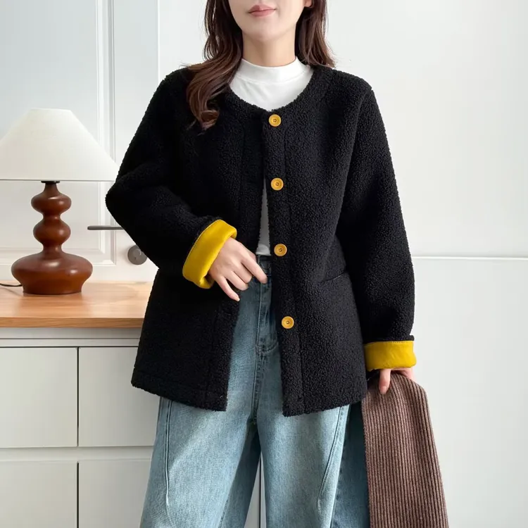 大码韩版撞色圆领毛毛外套女冬季宽松加厚保暖柔软显瘦棉服上衣