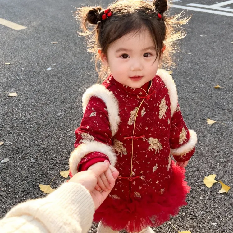 女童冬季唐装旗袍拜年服女宝宝中国风加厚连衣裙周岁礼服过年装