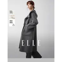 ELLE女装绵羊毛长款毛呢大衣2025冬新款气质连帽呢外套EN52474