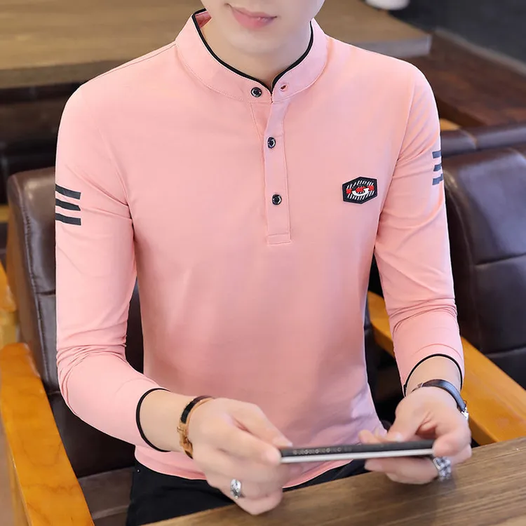 春秋新款男士长袖T恤韩版修身翻领POLO衫青年潮流打底衫男装上衣