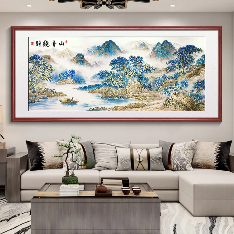 浮雕描金 财绕青山 新中式山水客厅装饰画办公室沙发背景墙挂画