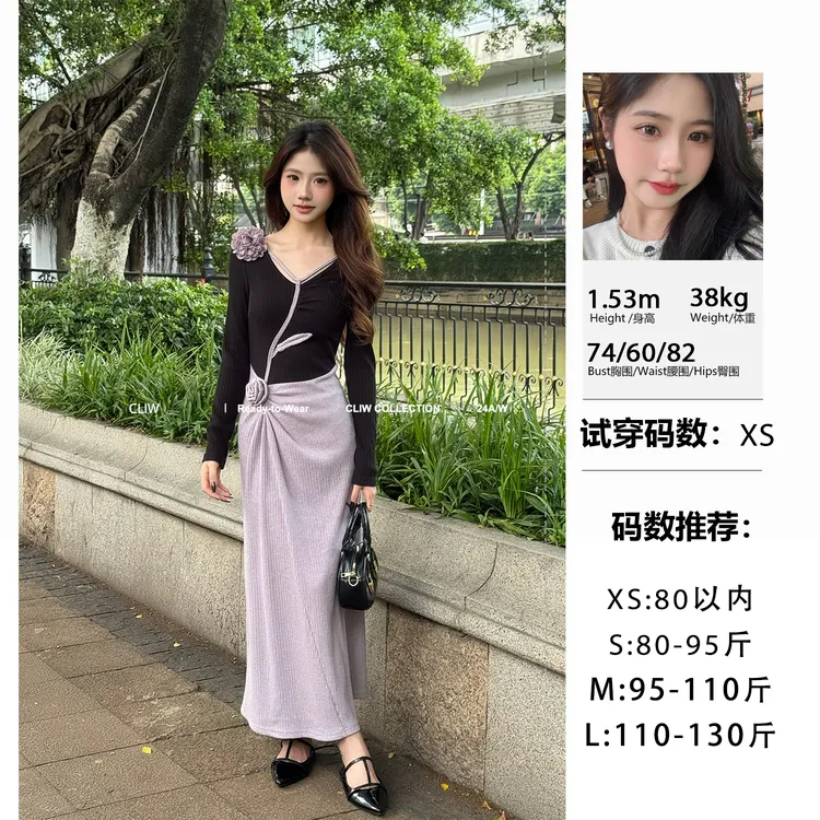菜菜【黑紫花】小个子秋季V领立体花朵拼接收腰显瘦连衣裙HLMQ016