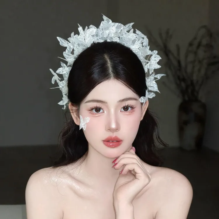 水舞B3070婚礼手工水晶串珠蕾丝蝴蝶发箍头饰新娘礼服唯美发饰