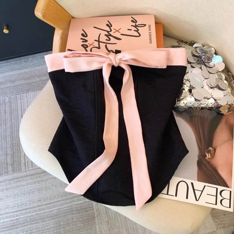 固质小香风蝴蝶结鱼骨吊带背心女春季纯欲辣妹性感抹胸一字肩上衣