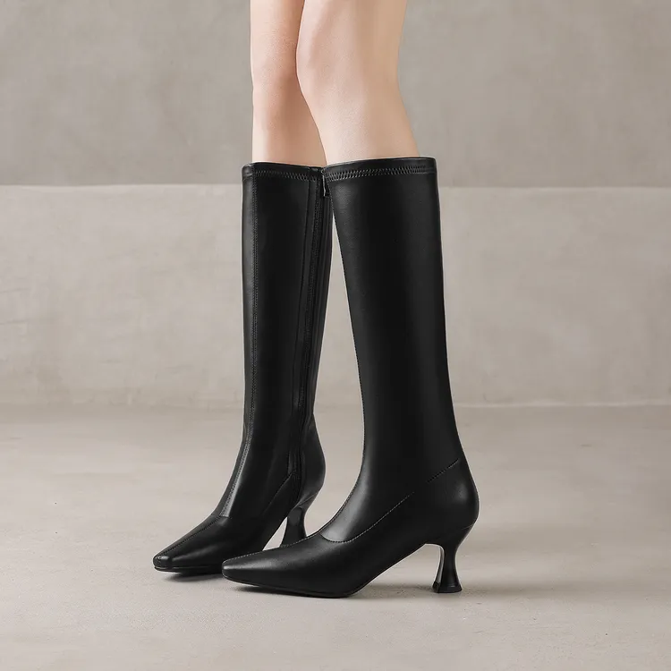 7cm尖头细跟长靴粗腿靴子细跟中筒筒靴秋冬长筒靴百搭黑色瘦瘦靴