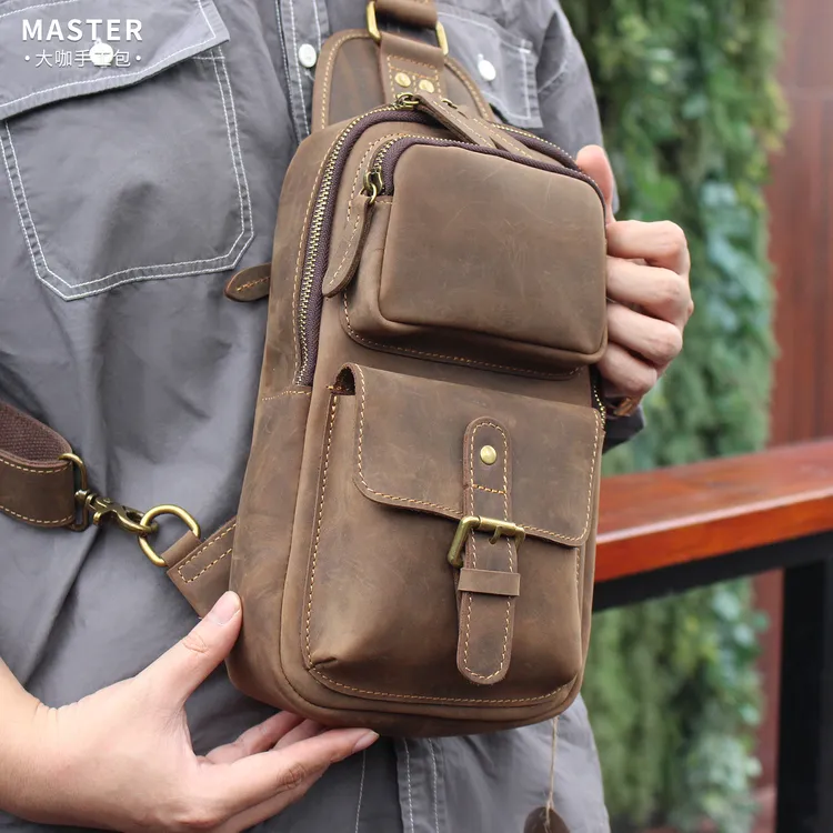 真皮疯马牛皮胸包时尚男款斜挎包休闲单肩包手工头层牛皮潮男个性