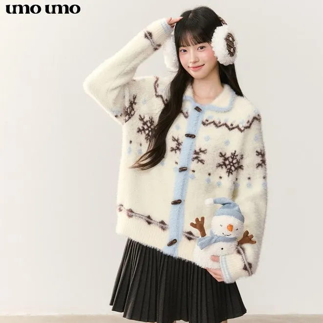 umoumo乌蘑休闲慵懒软糯百搭撞色仿貂毛费尔岛雪花图案开衫毛衣